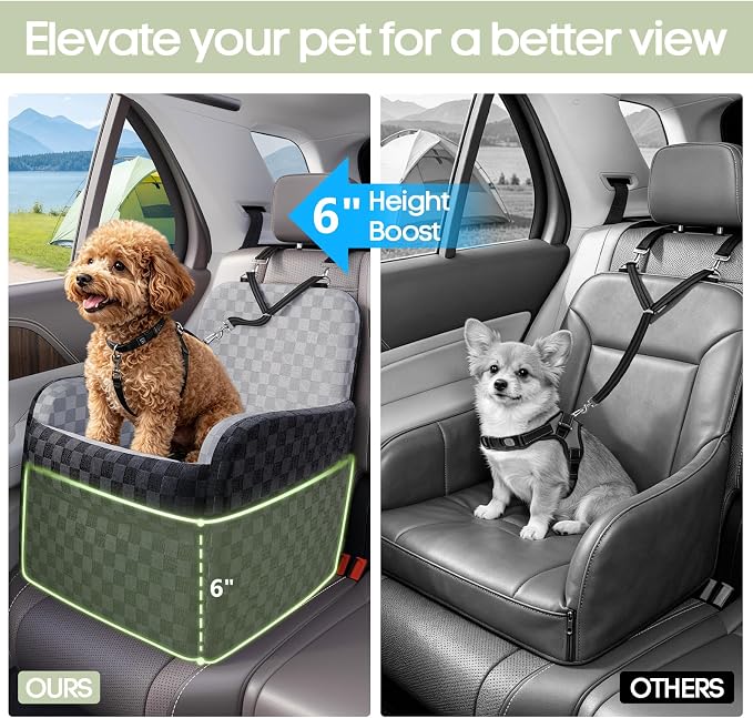 Waterproof Dog Booster Car Seat for Small Medium Dogs up to 26 lbs | 6-Inch Elevated Memory Foam CarSeat, Detachable Washable Cover, Y-Shape Safety Belt, Storage Pockets, Fits in Front/Back Seat