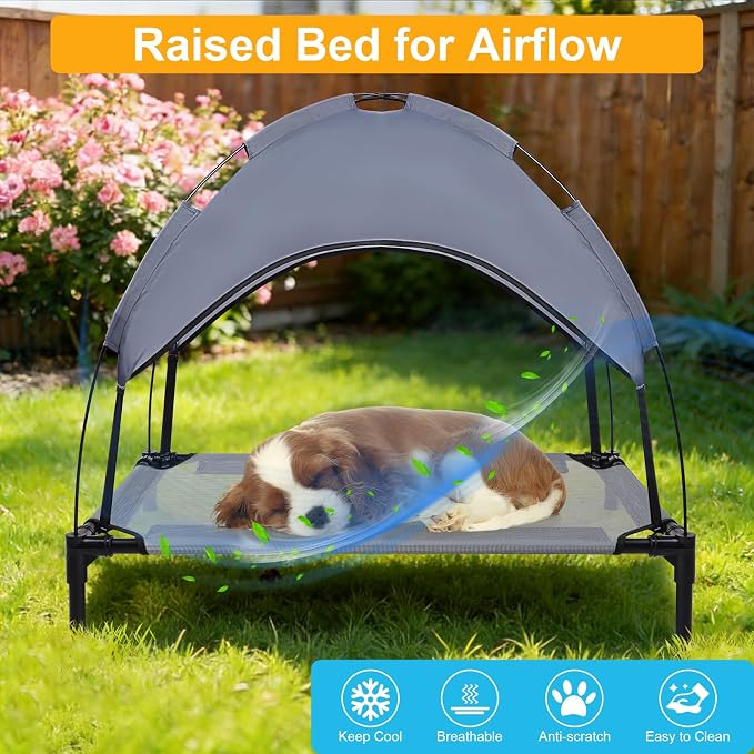 34.3'' Outdoor Elevated Dog Bed with Canopy, Cooling Raised Dogs Bed(Small) | Outdoor Dog Bed with Canopy Medium Large Size Dogs with Ice Pack, Dog Cooling Beds, Outdoor Pet Hammock Beds, Outside Pet Bed