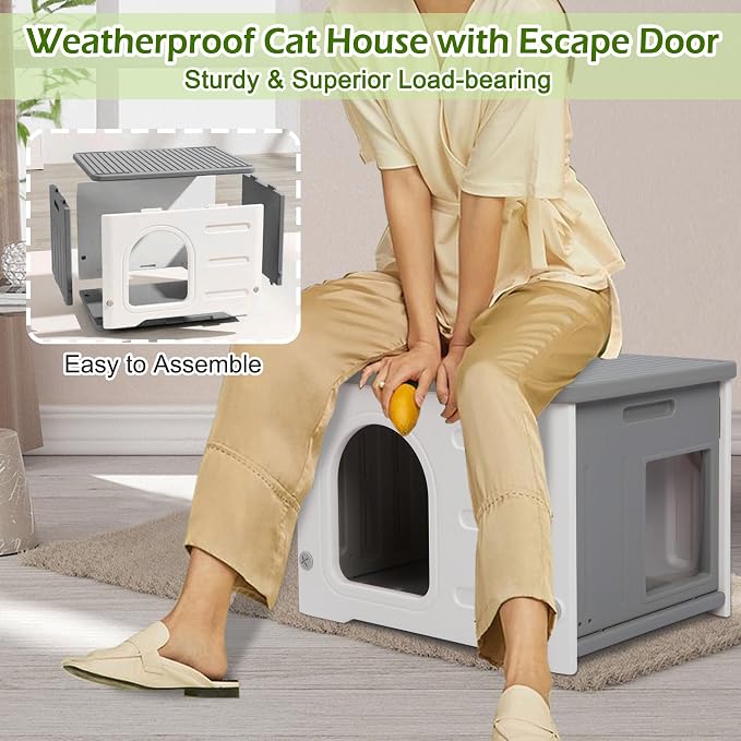 Waterproof Cat House for Outdoor Cats, Plastic Feral Cat House | with Escape with Escape Door and Soft Mat, Indoor Cat Shelter for Mutiple Cats - Grey