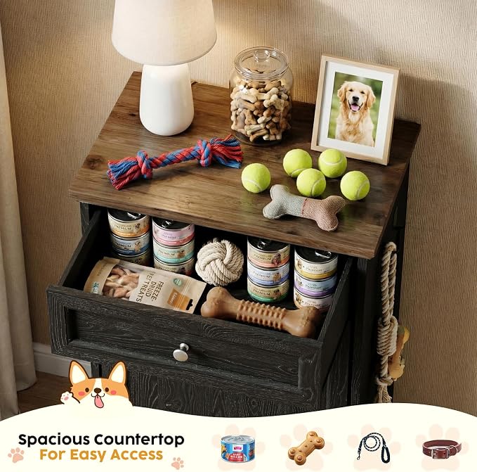 21’’W Dog Feeding Station with Storage, Tilt Out Dog Food Cabinet with Drawer, 2 Feeding Bowls, Pet Food Storage, Cat Feeding Station, Dogs Storage Organizer, (Black, Single Door)