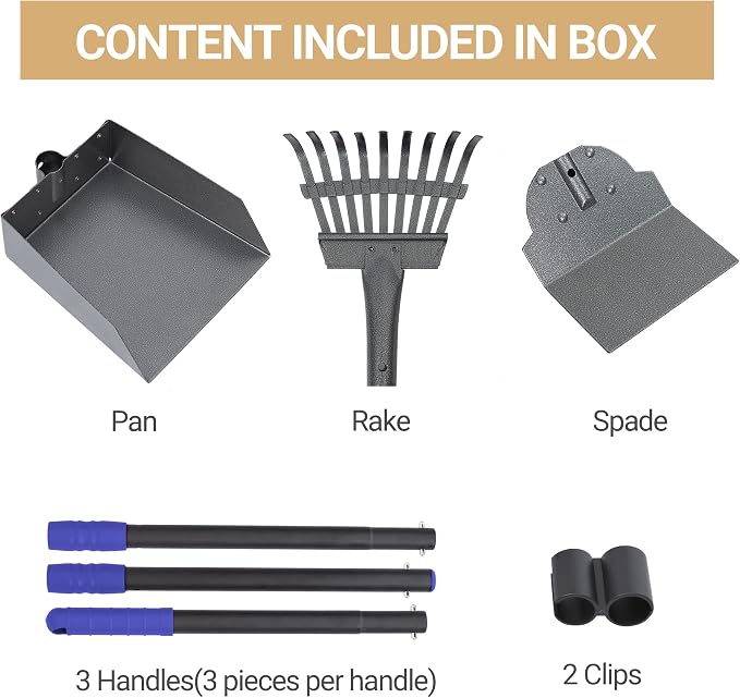 Dog Pooper Scooper, Dog Poop Tray and Rake Set with Long Stainless Handles | Pet Waste Removal Scoop with Adjustable Sectional Handles