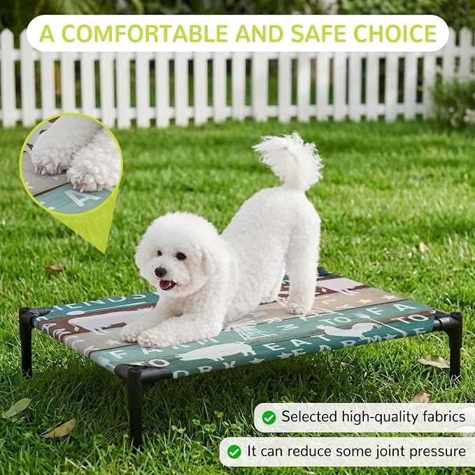 Outdoor Elevated Dog Bed for Large Dogs, Farmhouse Barn Breathable Cooling Raised Dog Cot for Indoor/Outdoor, Cow Pig Chicken Windmill Wooden Plank Waterproof Elevated Pet Beds, L 28 x 22 in