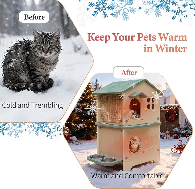 Insulated Cat House Outdoor Plastic Cats Shelter Outside with Cat Bowls | Weatherproof, Durable Plastic, with Elevated Cat Bowls, Cat Scratch Pad , Escape Door, 2-Story, Waterproof ,for Multiple Cats
