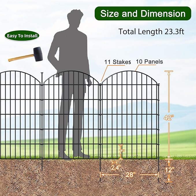 FOREHOGAR Metal Garden Fence 42in (H) x 23.3ft (L), 10 Panels + 11 Stakes Dog Fence Border Fence Animal Barrier, No Dig Garden Fencing for Yard Flower Bed Lawn Patio Outdoor, CTW4210 Black