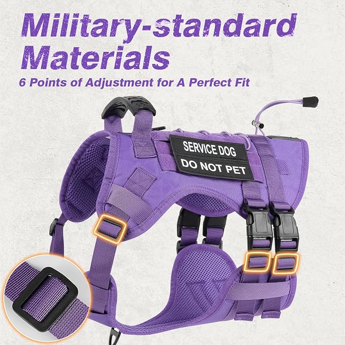 No Pull Tactical Dog Harness Medium Sized Dog, Service Dog Vest, M, Purple | Tactical Dog Vest Harness and Leash Set, Adjustable Military Service Dog Harness with Handle for Medium Large Dogs