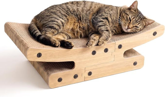 Reversible Cat Scratcher Bed, Large Cardboard Scratching Board for Indoor Cats - Durable Cat Scratcher Lounge Hammock Furniture, Natural Wood Color, Protects Furniture from Scratching