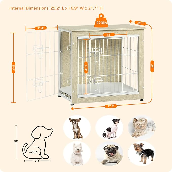 DWANTON Dog Crate Furniture with Cushion, Wooden Kennel Table with Double Doors, Indoor Dog House, Small/Medium/Large Size, 27.2" L, White Oak