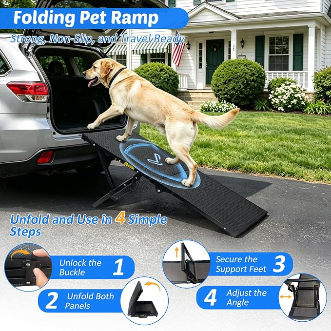Dog Ramp for Car SUV, Adjustable Pet Ramp with Multiple Height Settings, Folding Portable Dog Ramp for Small Large Dogs, 90 lbs Capacity, Stairs for Bed Sofa and Vehicle