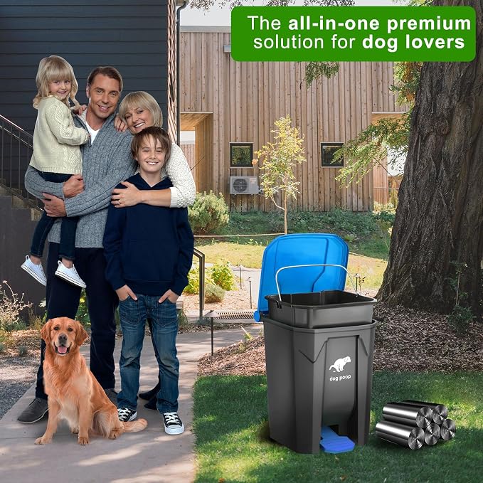 Dog Poop Trash Can Outside - 20L/5Gal Large Outdoor Trash Can with Lid Blue | utdoor Dog Poop Trash Can with 100 Bags, Pedal and Removable Inner Bin, Odor Control, Suitable for All Types of Dogs