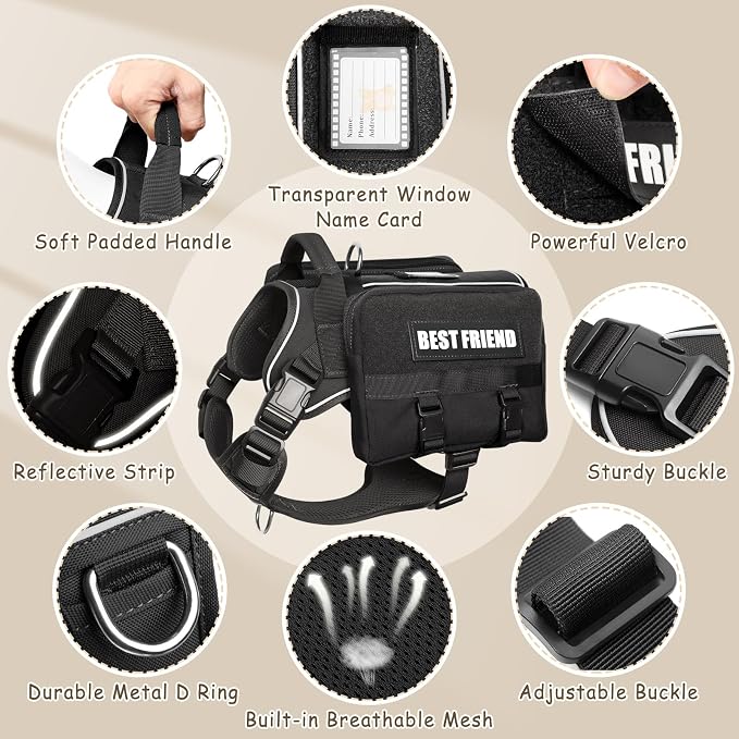 Dog Backpack Harness and Leash Set for Medium Sized Dog Black M | Removable Side Pockets Dog Vest with Padded Handle&MOLLE,No Pull Front&Back Metal Clips for Hiking Training Walking Hunting