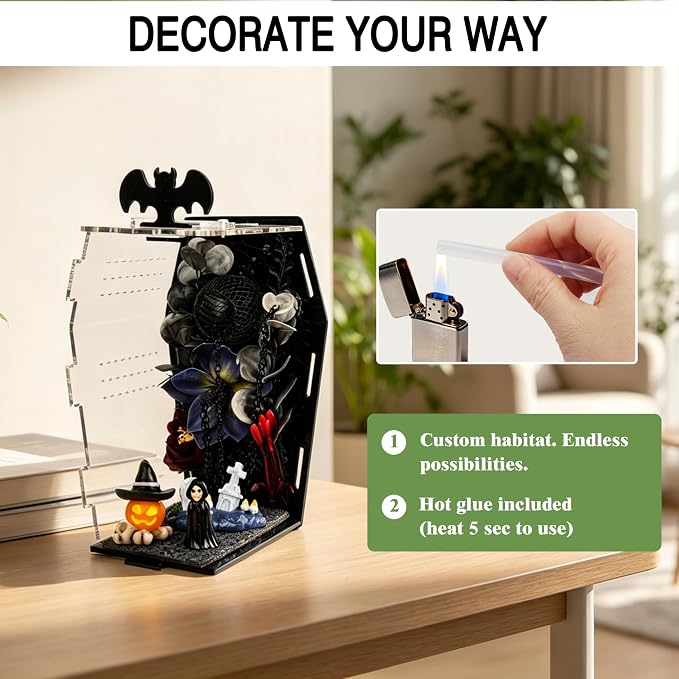 15 Pcs Acrylic Spider Enclosure Kit with Magnetic Door | Gothic Coffin Design, 3mm Clear Acrylic, Magnetic Feeding Port, DIY Decor Set, Spider Habitat, Tool-Free Assembly