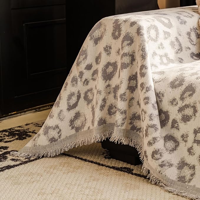 VClife Boho Couch Covers Vintage Leopard Sofa Covers for Sectional Couches, Washable Chenille Couch Cover for 3 Cushion Couch Sofa, Multi-Functional Living Room Furniture Protector for Sofa Bed, Gray