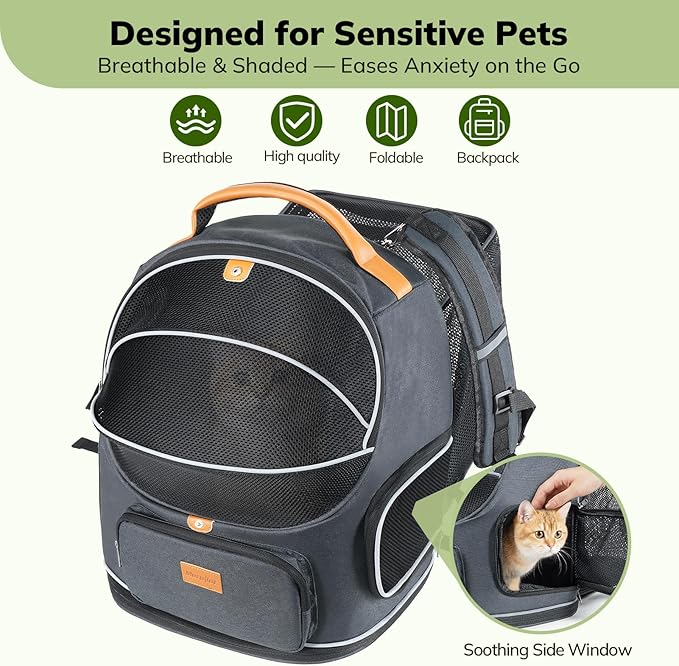 Morpilot Expandable Cat Carrier Backpack for Small Dogs & Cats Up to 12lbs, Breathable Mesh Pet Travel Backpack with Safety Leash, Foldable Airline Approved Carrier for Hiking Camping Outdoor, Grey