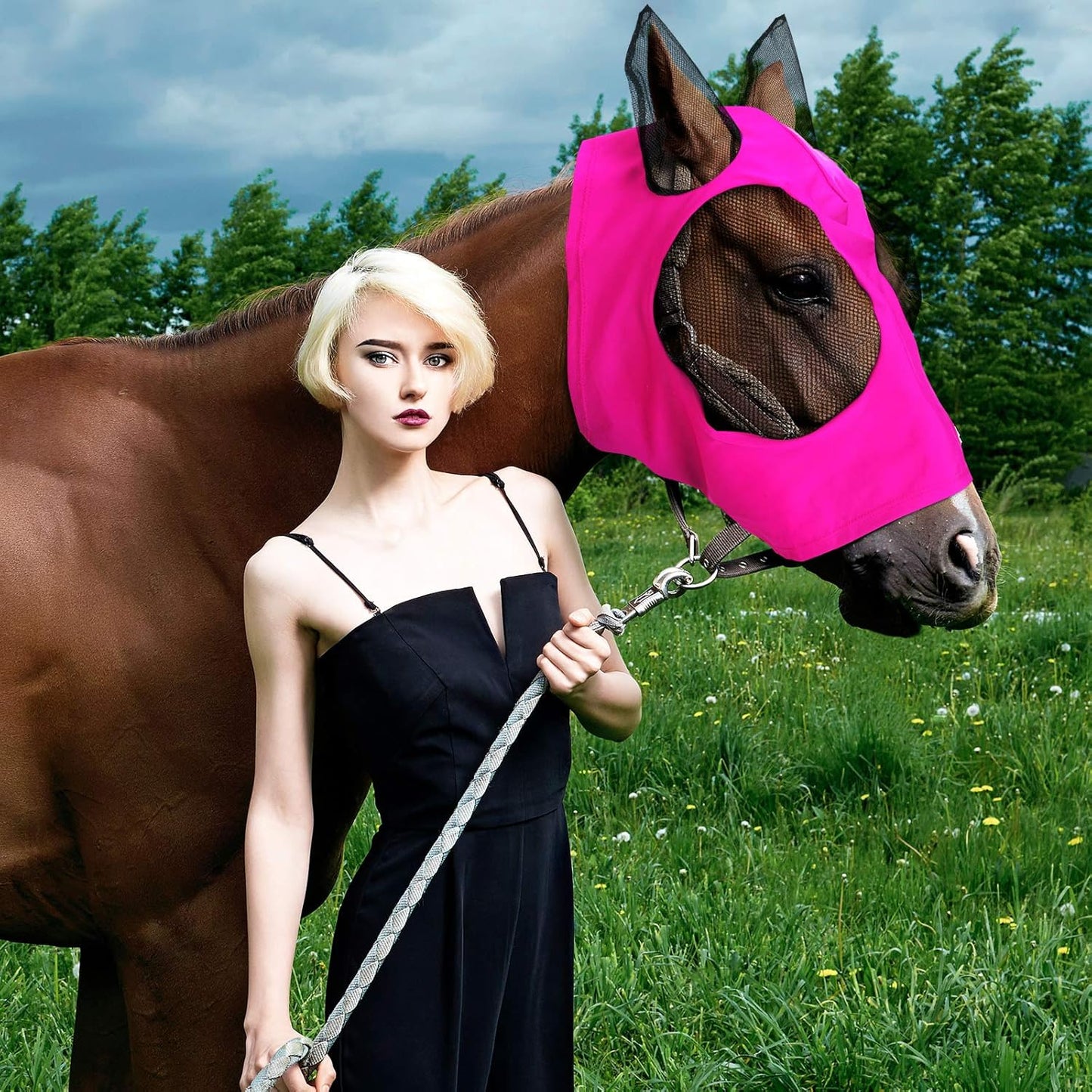 Sadnyy 6 Pcs Horse Fly Masks with Ears Comfort Breathable Mesh Fly Masks Net UV Protection Large Eye Space Full Face Covering Elasticity Soft for Horses(Medium)