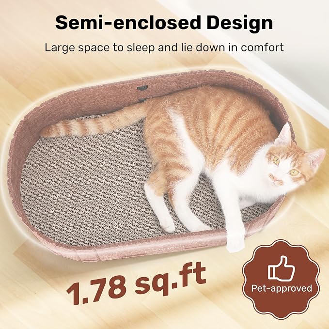 FUKUMARU Cat Scratcher, 24 Inch Sofa Shape Cat Scratching Bed Couch Indoor | Oval Felt Cat Scratcher Bed with Reversible Detachable Cat Scratching Boards, Round Cats Scratch Pads Refill, Caramel