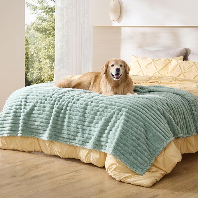 Bedsure ComfyFleece™ Waterproof Blanket for Bed, Twin（60"x80"） Garden Green | Soft Plush Couch Bed Cover Corduroy Fleece for Furniture Protector, Cozy Calming Reversible Dog Blankets for Large Dogs Pet