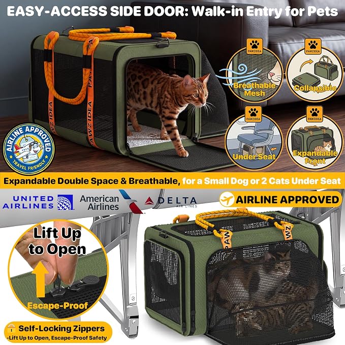 PAWZIDEA Expandable Pet Carrier Airline Approved, 18"×11"×11" Small Dog Carriers, Collapsible Top-Load Cat Carrier for 2 Cats Under Seat, Soft-Sided Puppy & Animal Travel Bag, ID Card, Up to 15lbs
