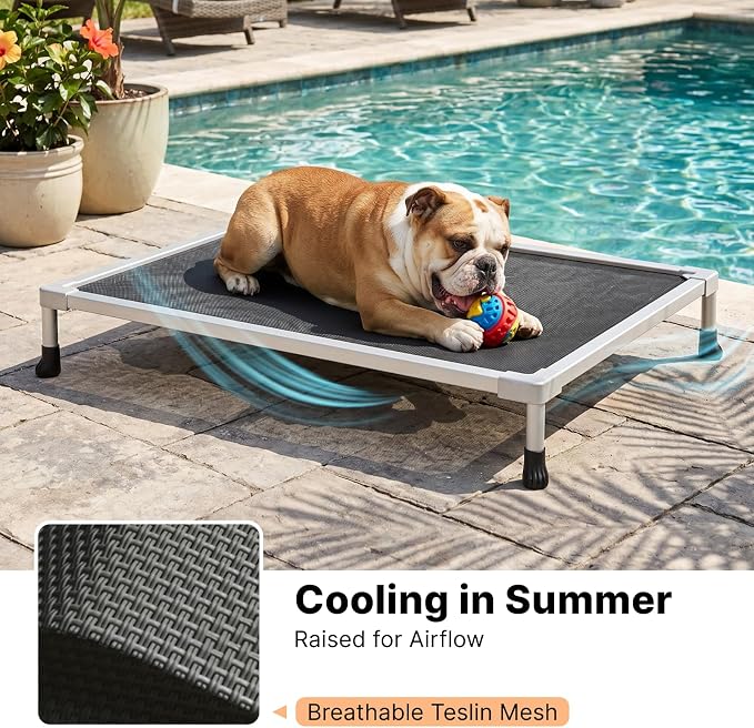 Veehoo Chew Proof Elevated Dog Bed, Silver Aluminum Dog Cot, Pre-Assembled | Cooling Raised Dog Bed for Small Medium Dogs, Indestructible Dog Bed for Crate, Breathbale, Non-Slip Feet, Indoor Outdoor