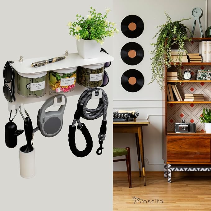 Dog Treat Holder For Wall Storage For Pets, Premium Pet Wall Organizer, Includes Three 16oz Airtight Dog Treat Jars, 3 Sets of Triple Hooks, Sturdy Shelf in Designer White