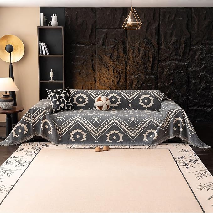 VClife Aztec Geometric Chenille Couch Cover Washable Sofa Cover for 2 Cushion Couch Sofa Retro Vintage Gray White Tribal Pattern Sofa Slipcover for Sectional Couch 71" X 118"