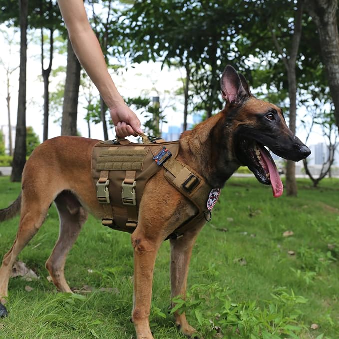 ICEFANG No Pull Tactical Dog Harness for Large Dogs,Adjustable Dog Vest | Control Handle,MOLLE Panel,Front Hook,3 Leash Clips,Soft Padded,for walking training,Brown,Large
