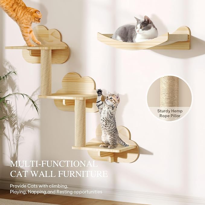 Cloud Cat Wall Shelves, 12-in-1 Wall Mounted Cat Shelf w/Tunnel | Solid Wood Floating Shelves for Indoor Large Cats, Multi-Level Cat Climbing Wall Systems with Scratching Post, Space Saving