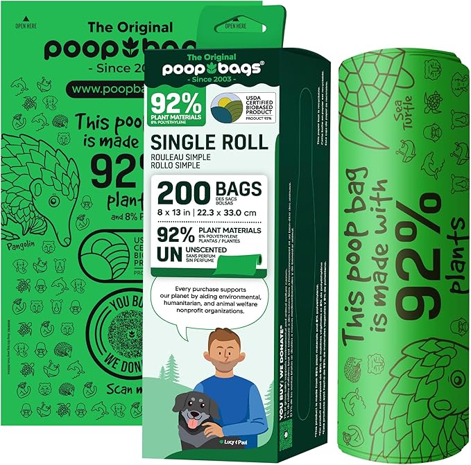 The Original Poop Bags® 92% Plant-Based Dog Waste Bags, USDA Certified Biobased, Extra-Large & Leak-Proof, Single Bulk Roll (200 Count (Pack of 1))