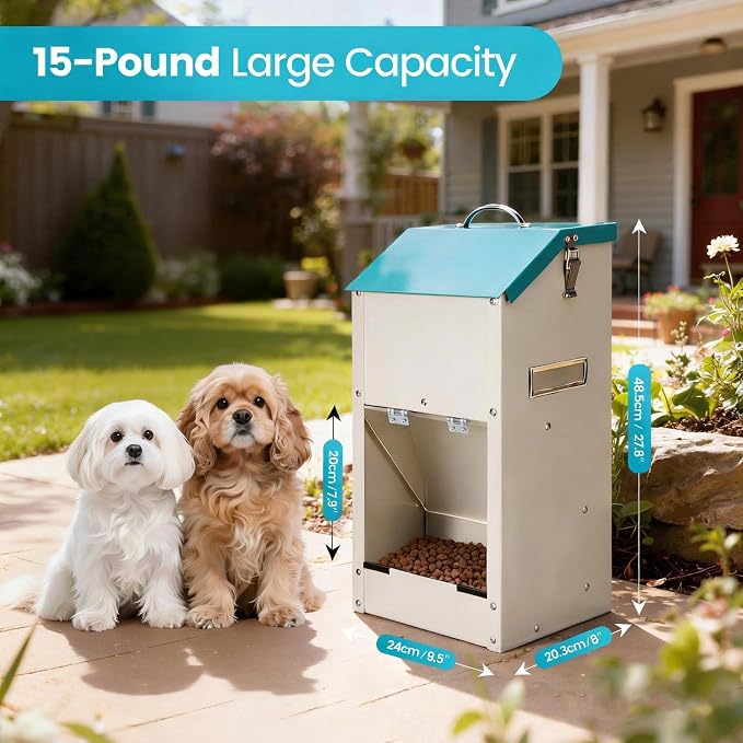 Automatic Dog Feeder Large Breed, Galvanized Dog Dry Food Dispenser | 15lbs Wall Mountable Gravity Pet Food Station Auto Feeder Self Feeding with Clear Door for Puppy, Dog, Cat Outdoor Indoor