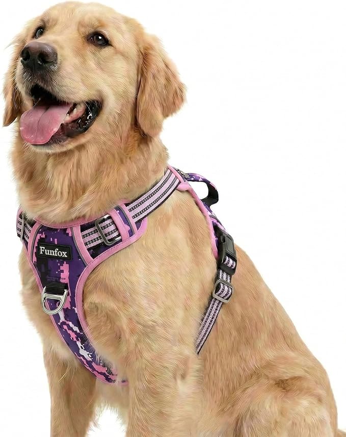Dog Harness No Pull, Adjustable Pet Vest Harness, Super Soft Material with Vertical Handle Easy Control, Reflective Night Walking, 2 Leash Clips for Large Dogs, Mosaic Pink, L