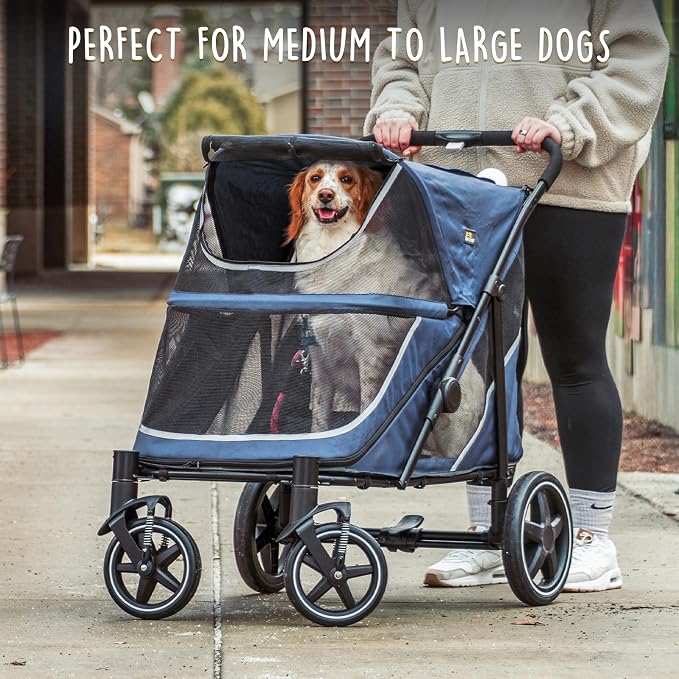 Canine Canyon Denver Dog Stroller for Large & Medium Dogs- Easy Fold All-Terrain Pet Stroller for 2 Dogs with Dual Entry, One-Foot Brake, Sunroof & Breathable Windows, Up to 130 lbs, Blue