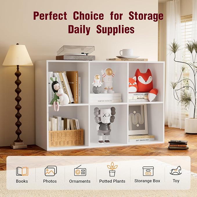 Book Shelf, Wooden Cube Storage Organizer with 11" Open Cubes, Stackable Modular Bookcase for Room Divider Storage, 2 Tier Bookshelf for Living Room, Bedroom, Office (White, 6-Cube)