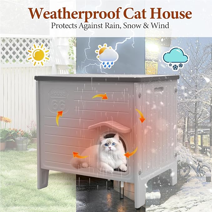 Insulated Cat House Outdoor Weatherproof Plastic Cats Houses for Winter | with Escape Door Indoor Waterproof Feral/Pet Cat Shelter Outside for Puppy, Rabbit (Grey)