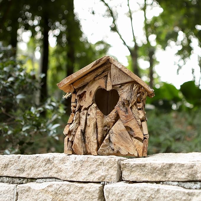 Wood Bird House Squirrel House with 2.36" Heart-Shaped Entry & Hanging Rope, Artistic Cottage-Style Outdoor Bird Feeder Garden Decoration