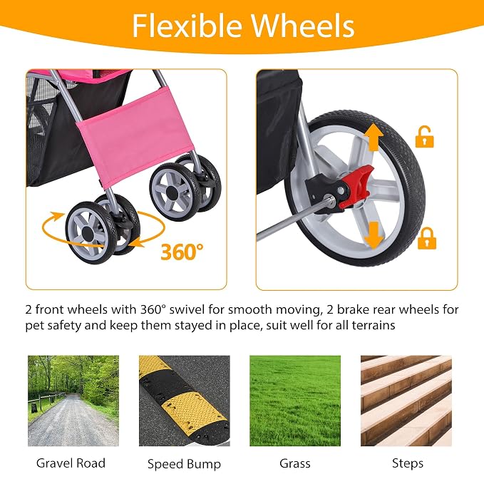 4 Wheels Dog Stroller Folding Pet Strolling Cart for Small Medium Cats Puppies Portable Jogger Travel Camping Puppy Carrier with Storage Basket Cup Holder, Pink