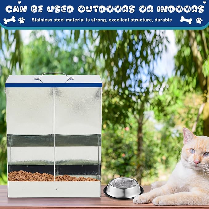 Qinyoung Automatic Feeder for 2 Cats Outdoor Galvanized 42cups/10l Double Feeder with 2 Stainless Steel Water Bowls for Small Pets Cats Dogs Outdoor Indoor Dry Food Dispenser