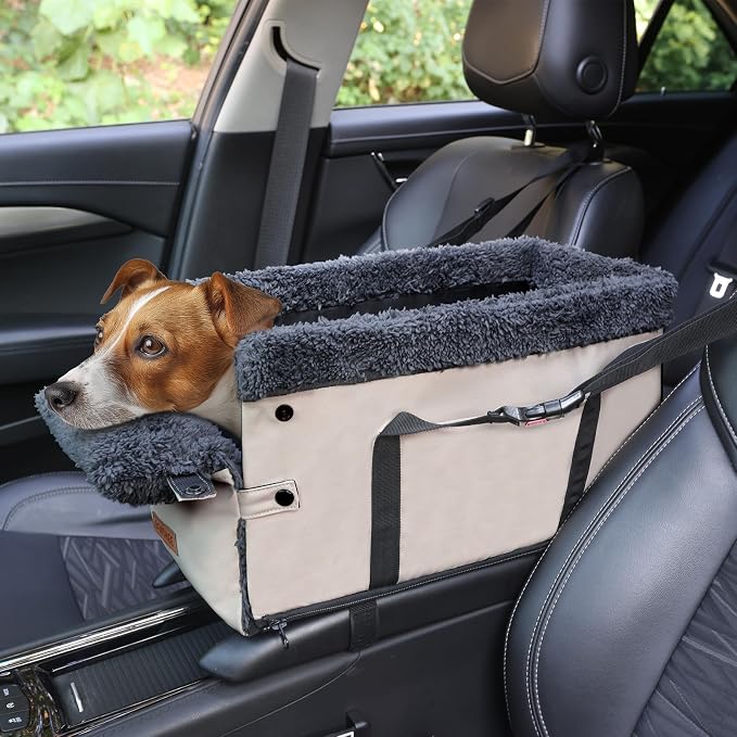 Center Console Dog Car Seat for Small Dogs,PU Leather Small Dog Car Booster Seat,Washable Foldable Puppy Car Seat with Safe Protection Hooks Adjustable Straps and Storage Pocket Pet Up to 15lbs