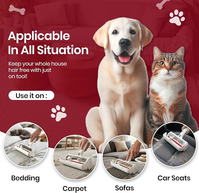 Pet Hair Remover for Dogs & Cats - Reusable Lint Roller & Hair Remover Tool for Couch, Carpet, Furniture, Bedding & Car Seats - Portable & Easy Clean Pet Fur Remover Roller for Home & Travel (Red)