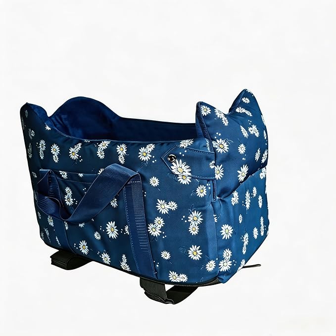 Center Console Dog Car Seat for Small Dogs 5-15 lbs, Nauy Blue | Anti-Collapse Puppy Booster Carseat with Washable Fluffy Cushion, Pillow and Carry Handles