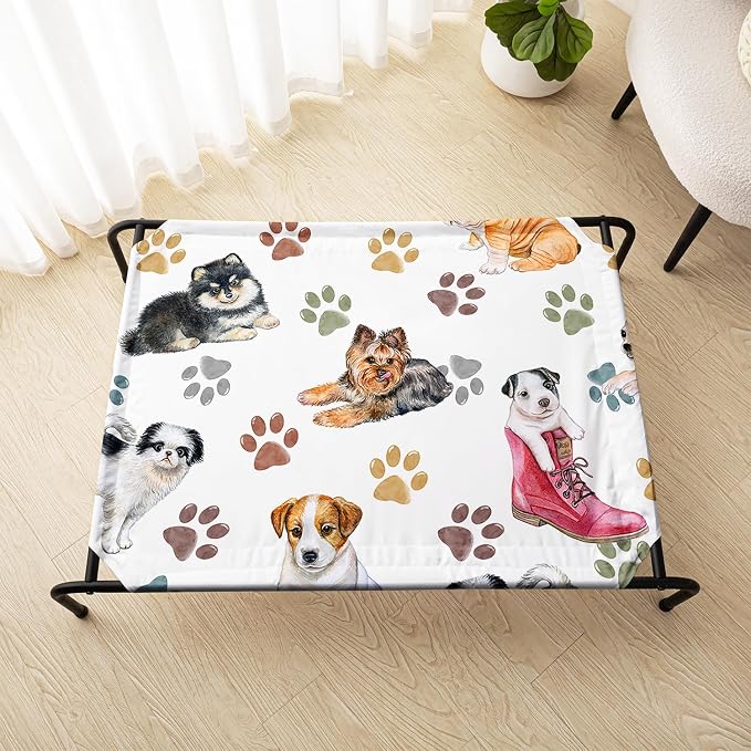 Cartoon Dog Paw Pattern Orthopedic Elevated Dog Pet Bed(47"X31"X9"),with Metal Frame,Printing Breathable Waterproof Dog Kennel,Sleeping Bed for Small Medium Large Dogs Cats,for Home,Outdoor Use