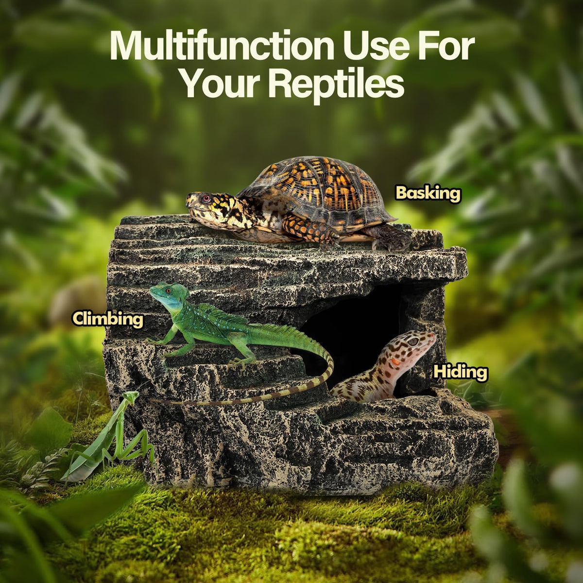 Reptile Hide, Great for Geckos, Snakes, Bearded Dragons & Lizards. with Steps for Reptile Rock Climbing, It Doubles as Aquarium Rock Cave Corner Reptile Cave for Climbing Hiding. (Stone, A-XLarge)