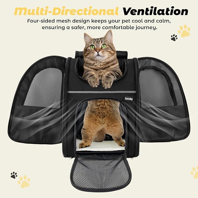 Zavothy Cat Backpack Carrier – Expandable Airline Approved Pet Travel Bag for Cats & Small Dogs, Breathable Mesh Pet Carrier Backpack with Padded Base (Black)