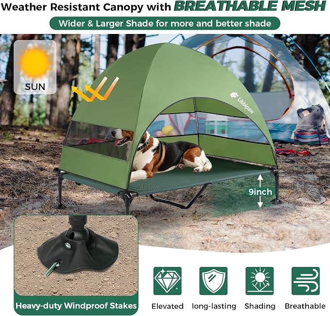 Outdoor Elevated Dog Bed with Canopy for Large Dogs, Green, XL | Breathable Raised Cot with Shade, Tool-Free Setup for Patios, Backyards and Camping