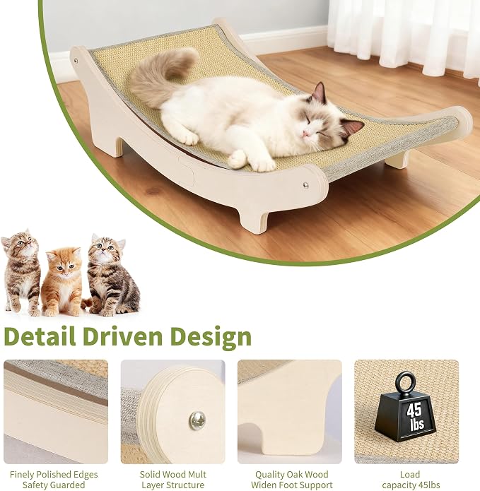 Sisal Cat Hammock Bed for Indoor Cats, Upgraded Support Rods | Wooden Scratcher Lounger, Elevated Scratch Pad for Large Cats up to 20 lbs, Natural Furniture Protector