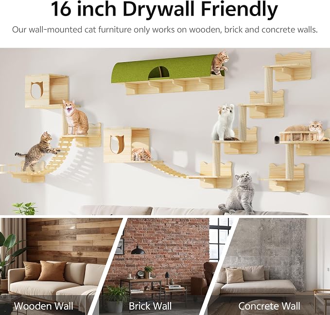 Cat Shelves for Wall, 18-in-1 Cat Wall Furniture w/Tunnel & Bridge | Multi-Level Floating Cat Shelves for Space Saving, Solid Wood Cat Climbing System with Scratching Posts, Condos, Burlywood