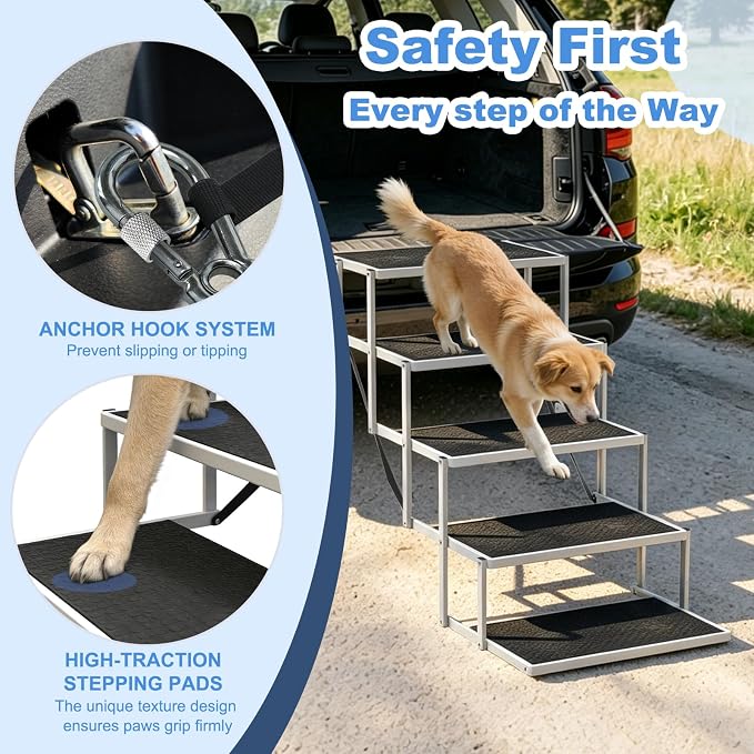 Dog Steps for Car & SUV – 5-Step Foldable Pet Stairs for Large Dogs, Non-Slip Heavy-Duty Plastic Dog Stairs, Lightweight & Portable Vehicle Access, Great Alternative to Dog Ramp for Truck