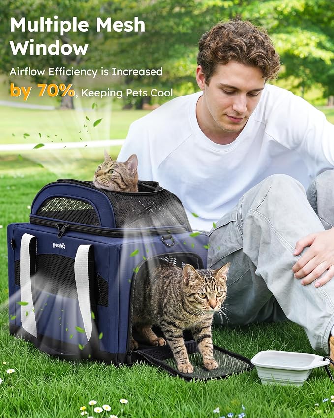 Pecute Top Expandable Cat Carrier Sturdy Pet Bag with 5mm Anti-Collapse Steel Frame, Soft Dog Carrier for Car Travel Vet Visits Outdoor Hammock,Foldable Travel Crate with Leakproof Pee Pad & Bowl,Blue