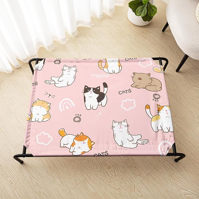 Kawaii Cat Pattern Orthopedic Elevated Dog Pet Bed(47"X31"X9"),with Metal Frame,Printing Breathable Waterproof Dog Kennel,Sleeping Bed Set for Small Medium Large Dogs Cats,for Home,Outdoor Use