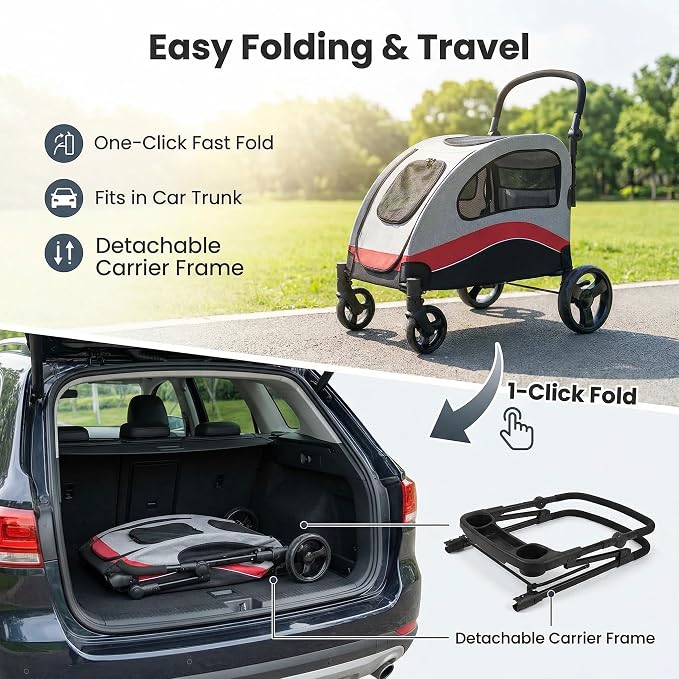 Garvee Extra Large Dog Stroller with Steel Pipe Frame, Wheels, Brakes, Shock Absorption, Foldable Design - Red