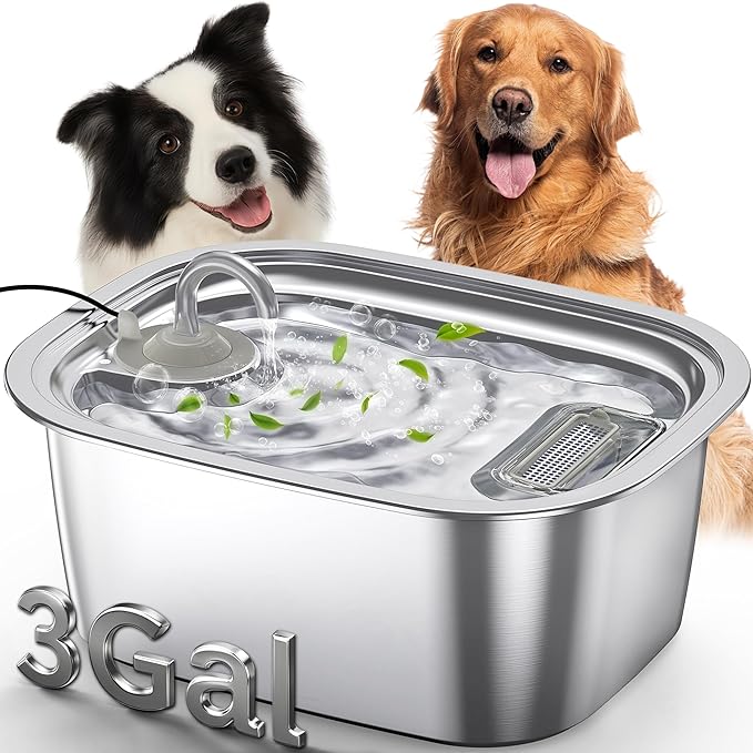 3Gal/11L Dog Water Fountain, Stainless Steel Large Automatic Pet Water Dispenser, Ultra-Quiet Leak-Proof Drinking Bowl for Big Dogs & Multiple Pets
