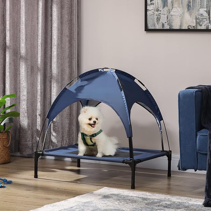 PawHut Elevated Dog Bed with Removable Canopy, Outdoor Dog Cot with UV Protection Canopy Shade, 30 inch Pet Bed for Camping, Dark Blue | Large Pet Bed, Outdoor Dog Cot, UV Protection Shade, Camping